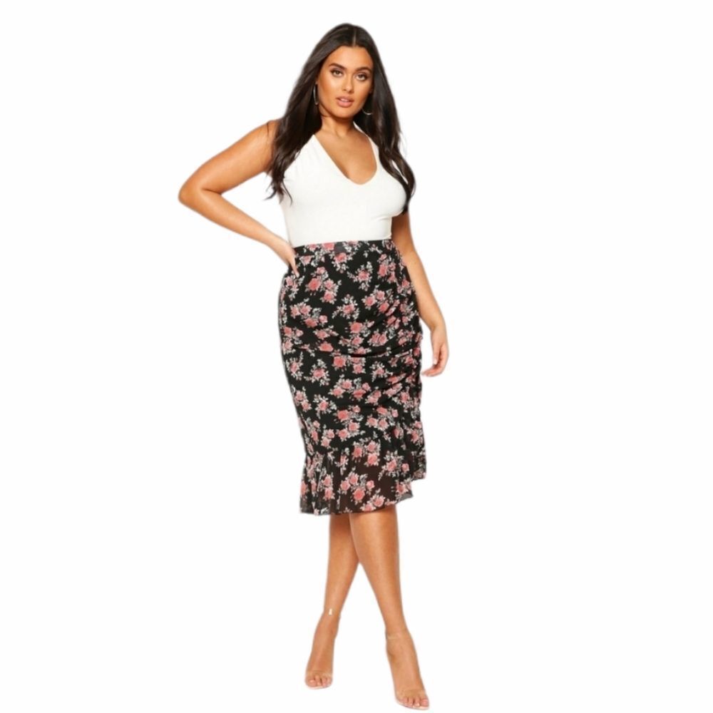 BOOHOO plusย skirt darkโ floral ruchedโside asymmetricโ18